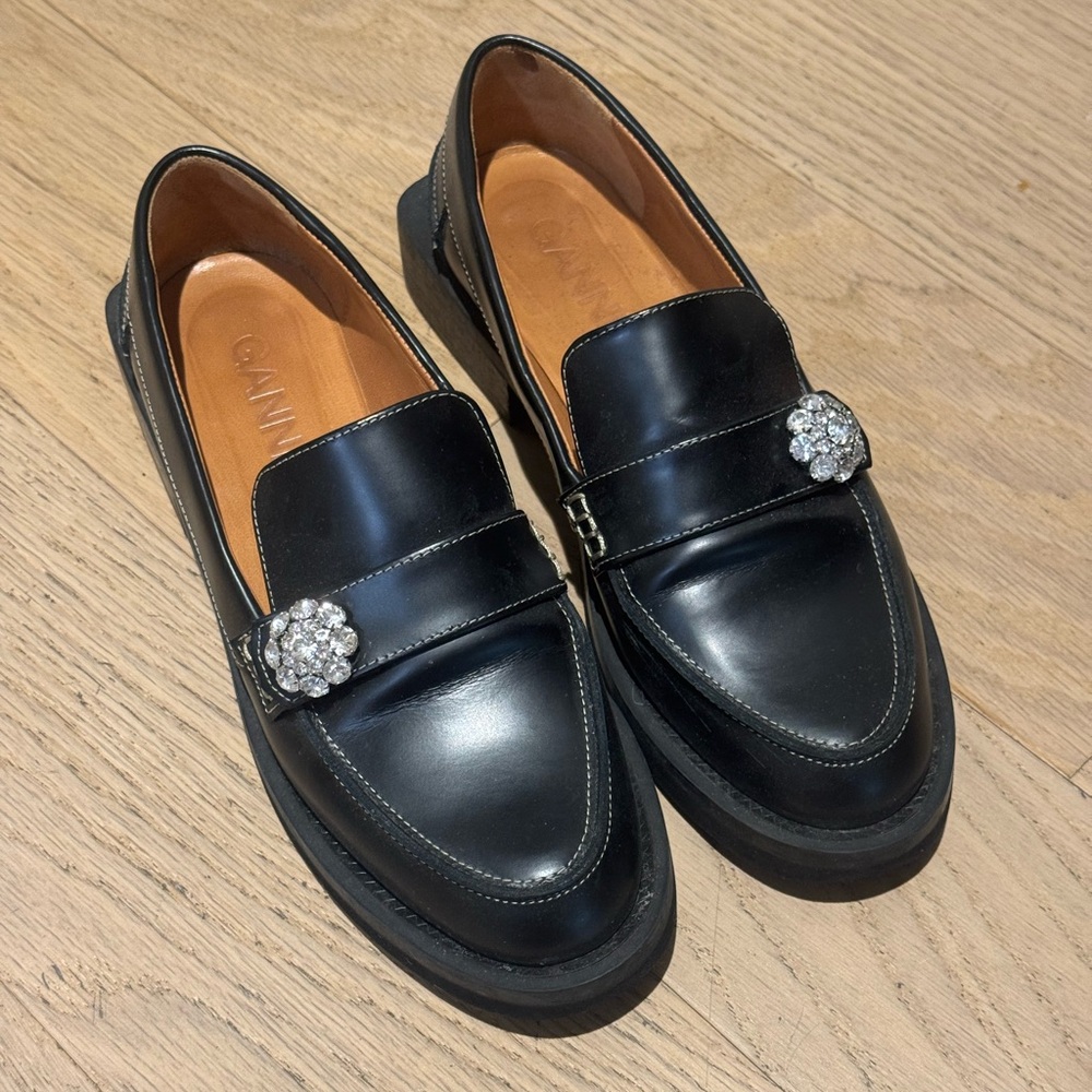 GANNI Women's Leather Crystal-Embellished Loafer, Size 7 | Black